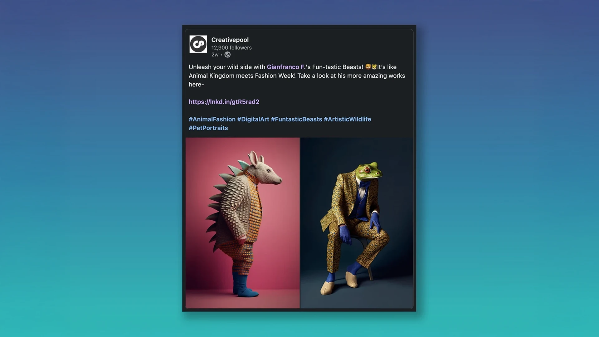 Post on Creativepool with anthropomorphic animals dressed in elegant fashion, showcasing the full Fun-tastic Beasts illustration series by Gianfranco Fagotto.