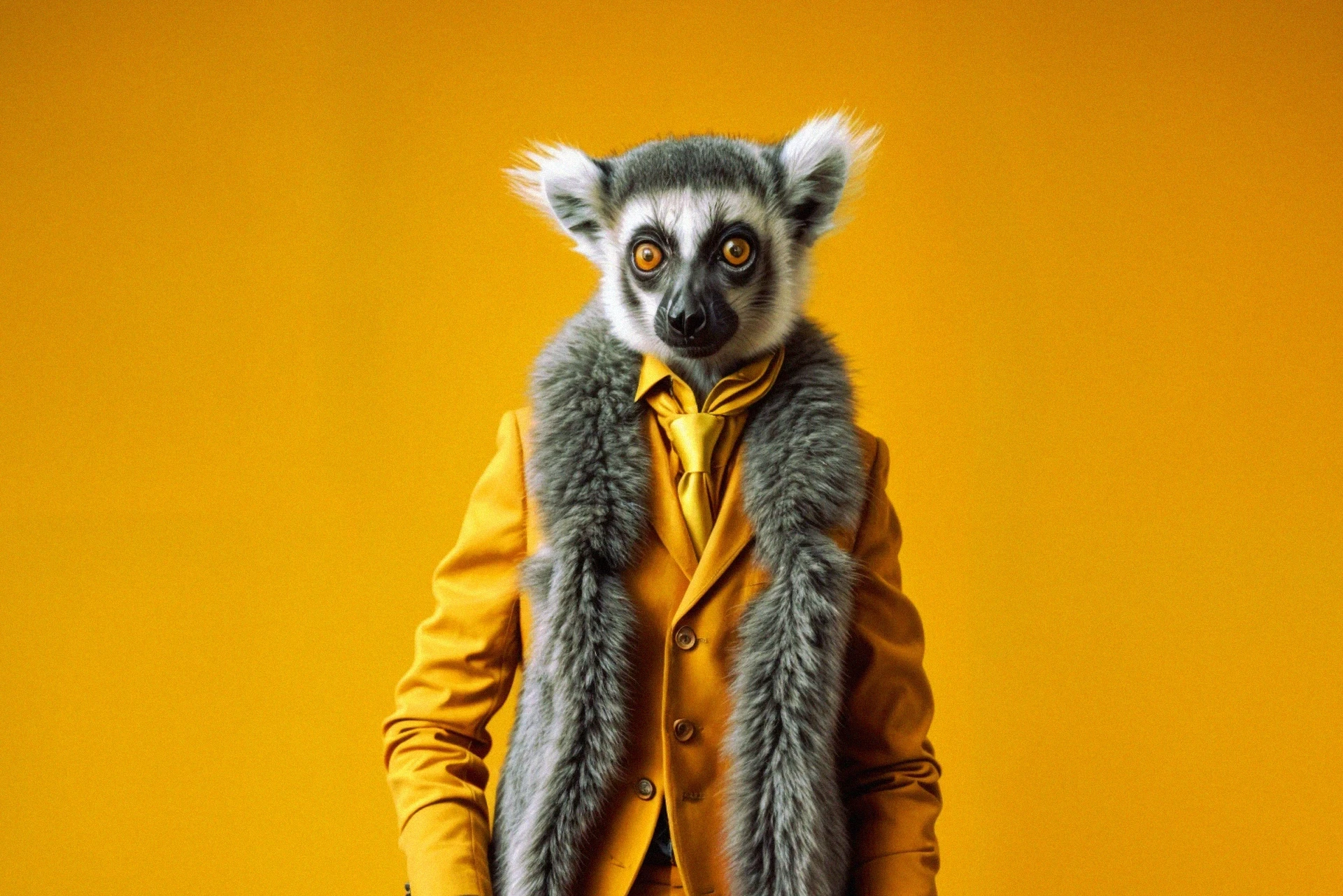 Photorealistic illustration of an elegantly dressed anthropomorphic animal character, styled in high-fashion tailoring, part of the Fun-tastic Beasts series by Gianfranco Fagotto.