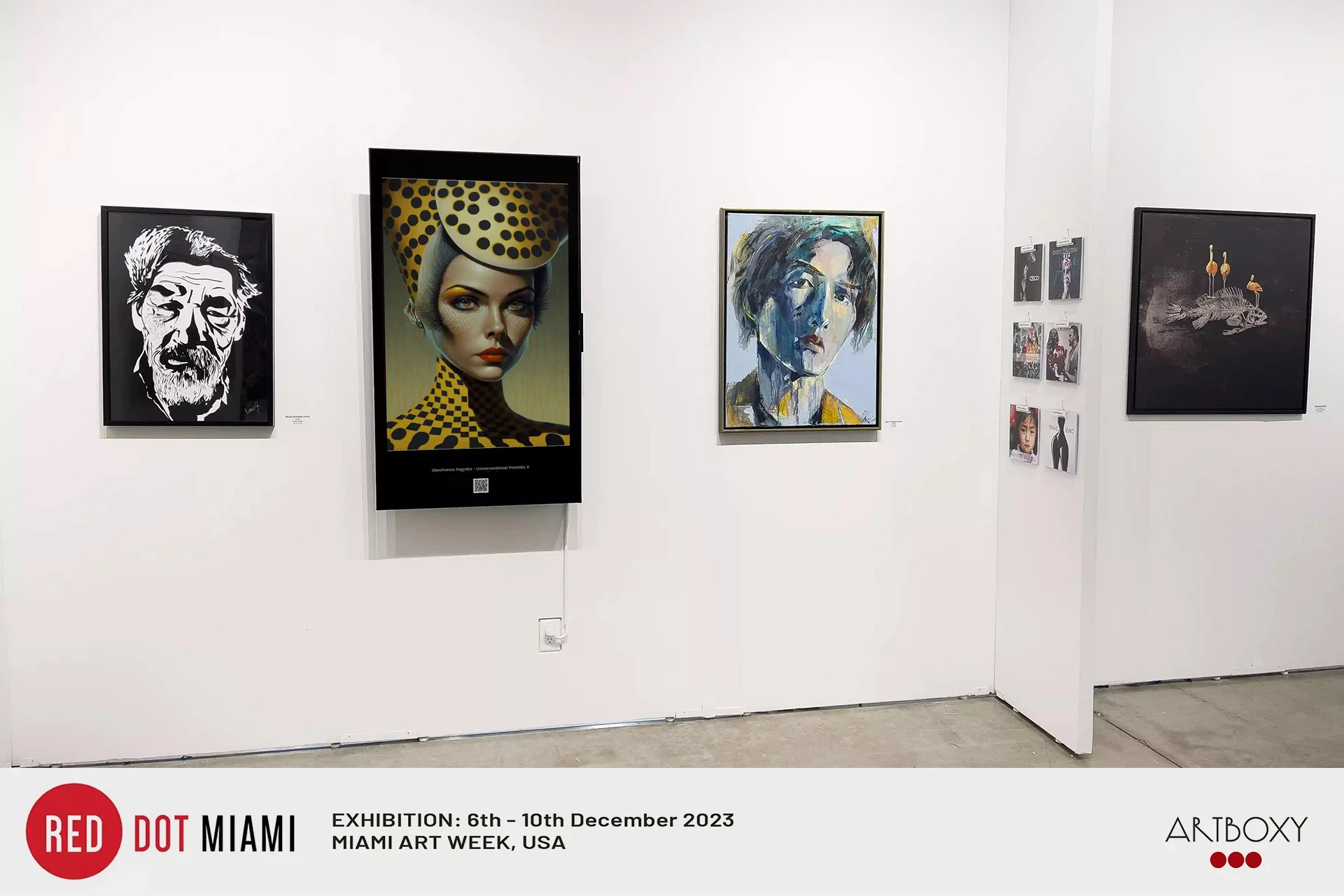 Photograph of the “Unconventional Portraits” artworks exhibited at Red Dot Miami Art Week, showing framed digital portraits displayed in a white gallery space.