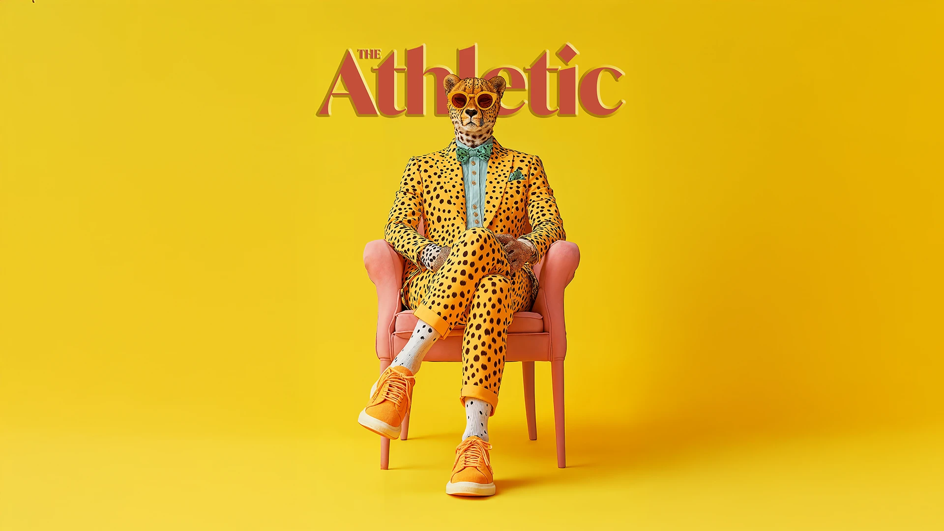 Photorealistic illustration of a cheetah dressed in a yellow polka-dot tailored suit, seated on a pink chair against a vibrant yellow background, blending high fashion with anthropomorphic character design in the Fun-tastic Beasts series.