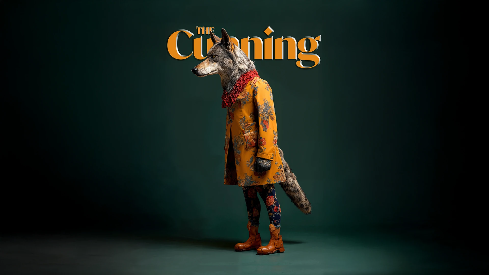 Photorealistic portrait of a cunning wolf dressed in sharp, tailored fashion, combining animal instinct with human sophistication in the Fun-tastic Beasts series.