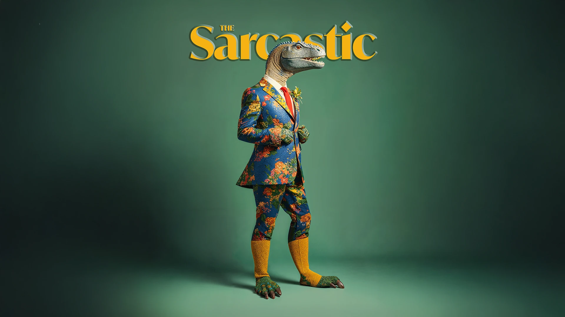 Photorealistic illustration of an anthropomorphic dinosaur styled in contemporary fashion, with a sarcastic, playful expression, part of the Fun-tastic Beasts series.