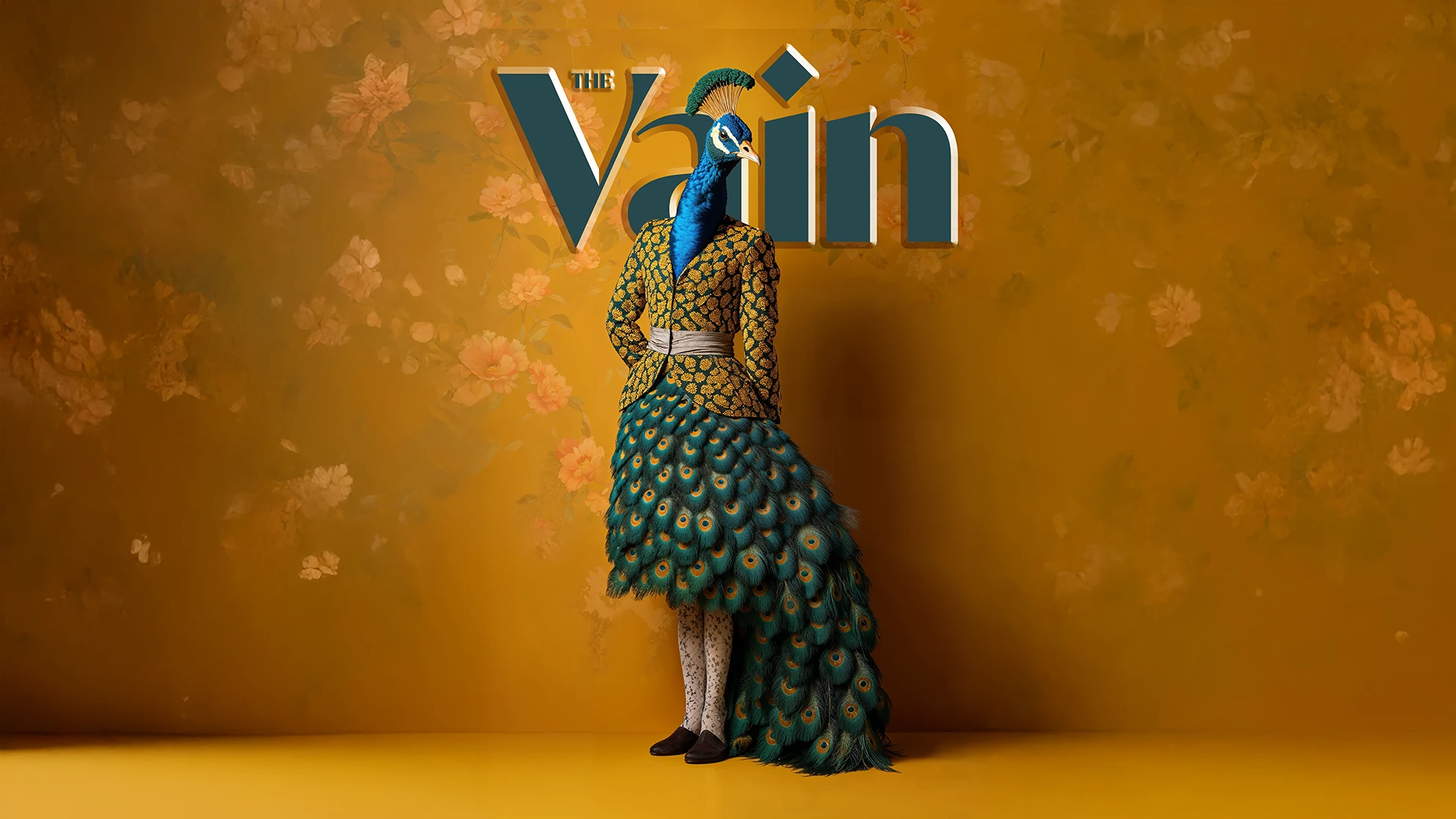 Photorealistic portrait of a peacock dressed in flamboyant, high-fashion attire, celebrating vanity, colour, and theatrical elegance in the Fun-tastic Beasts series.