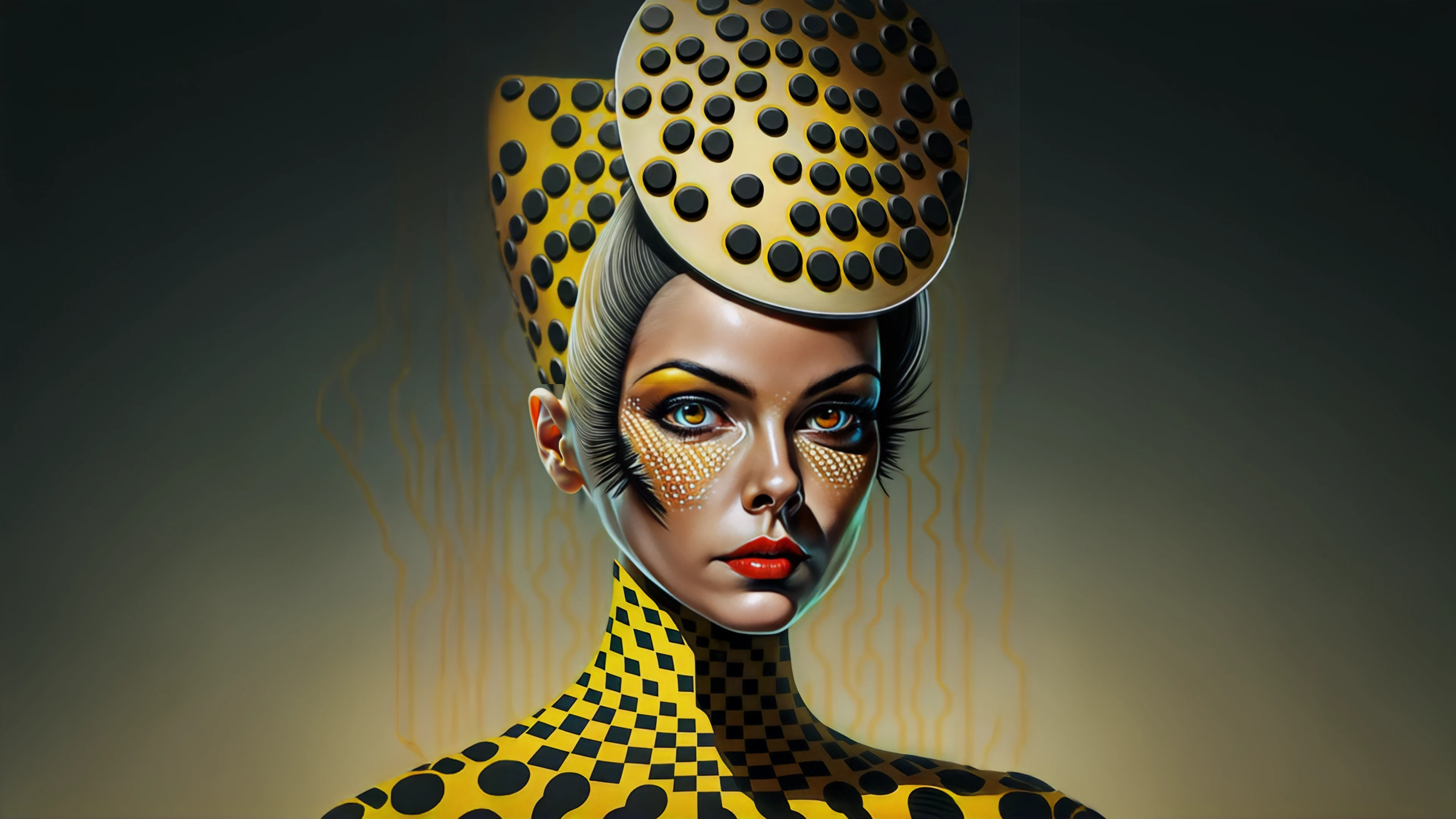 Surreal digital portrait of a woman wearing an architectural yellow and black headpiece, with geometric face markings and a high-neck patterned garment against a muted abstract background.