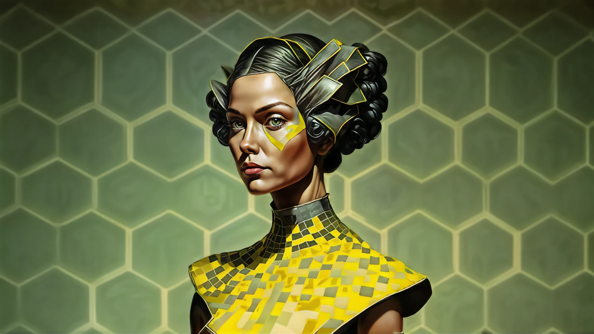 Conceptual portrait of a woman with sculptural hair and geometric face paint, set against a hexagonal pattern background in muted green and yellow tones.