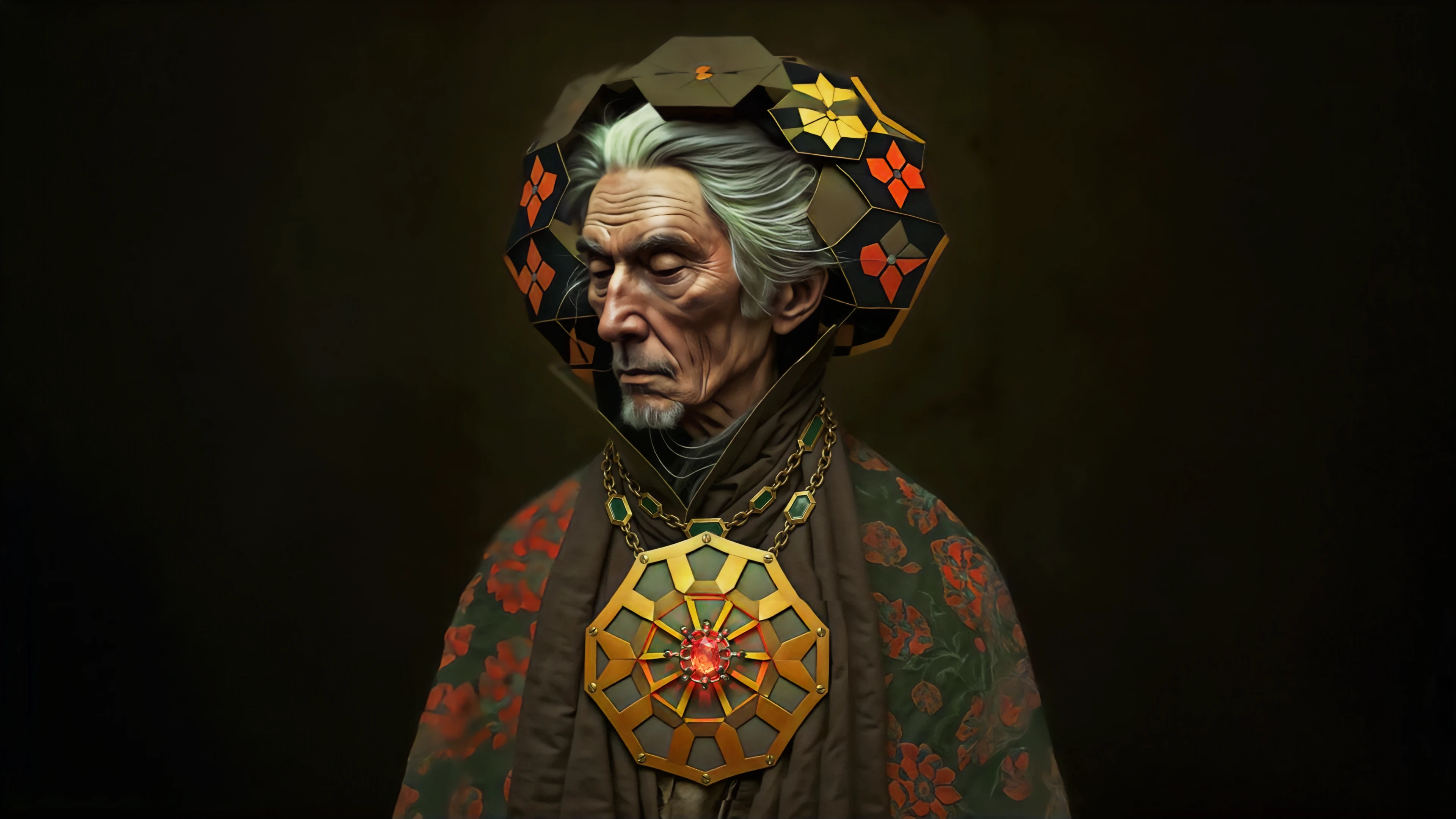 Surreal portrait of an elderly man wearing an ornate geometric headpiece and a large decorative medallion, rendered in a painterly digital style on a dark background.