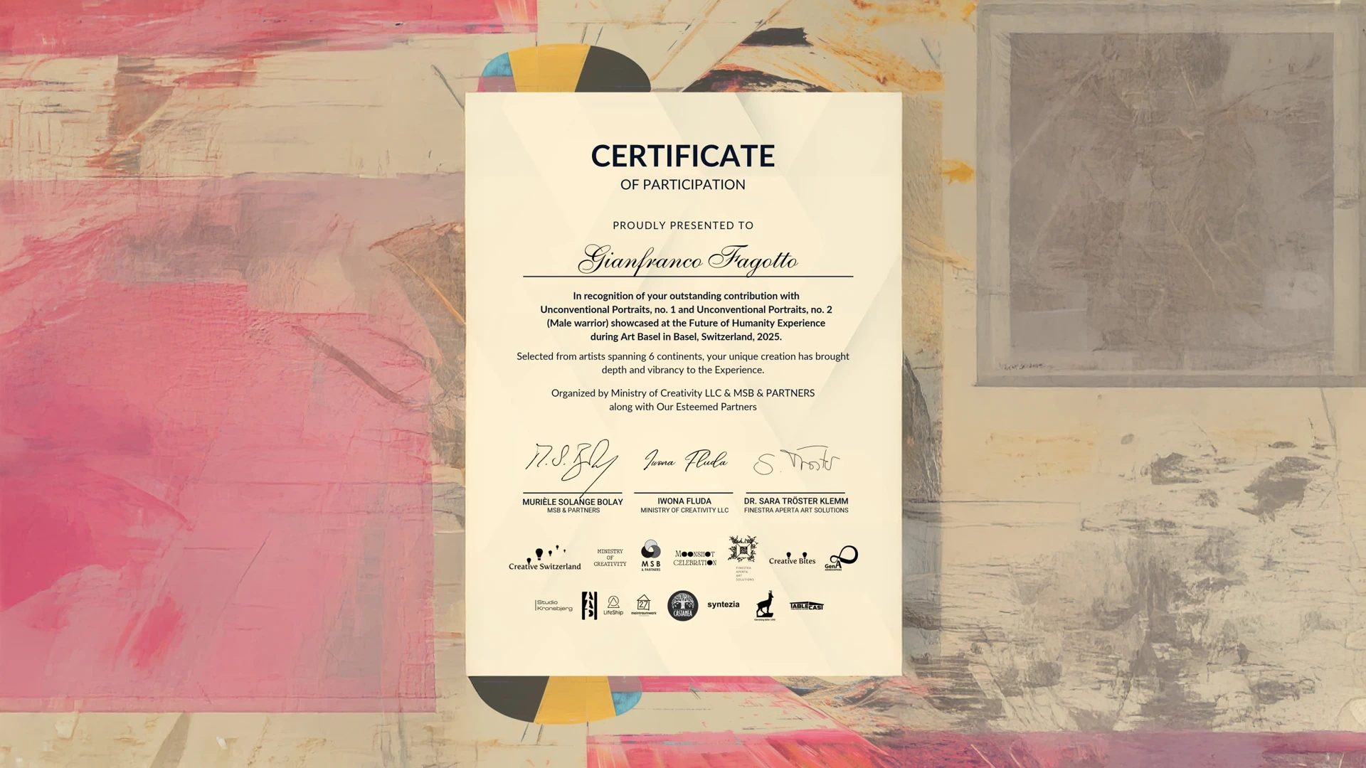 Screenshot of the Creative Switzerland “Future of Humanity Experience” gallery page featuring selected artworks by Gianfranco Fagotto and other artists, presented in a grid layout