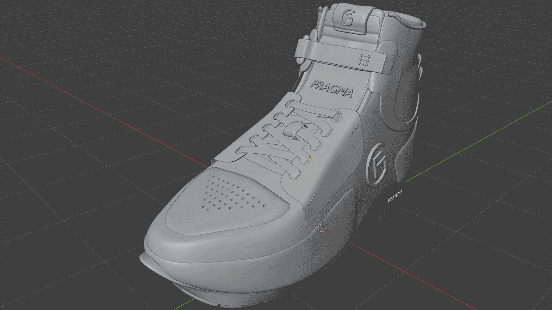 Early 3D blockout of the Pragma shoe showing basic structure and proportions