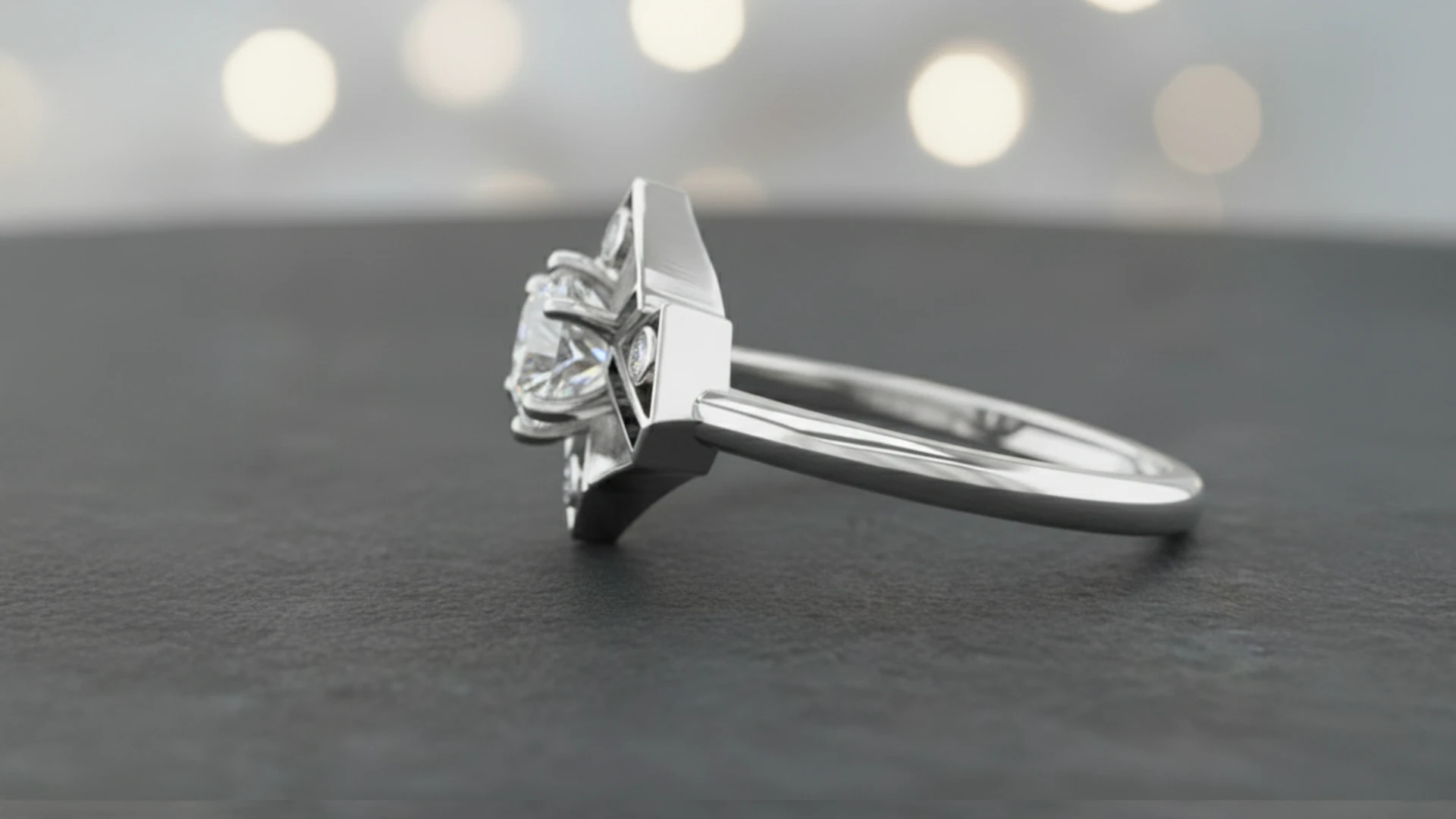 Sub rosa Redouté engagement ring — side angle showing sculpted petal crown and shoulder diamonds