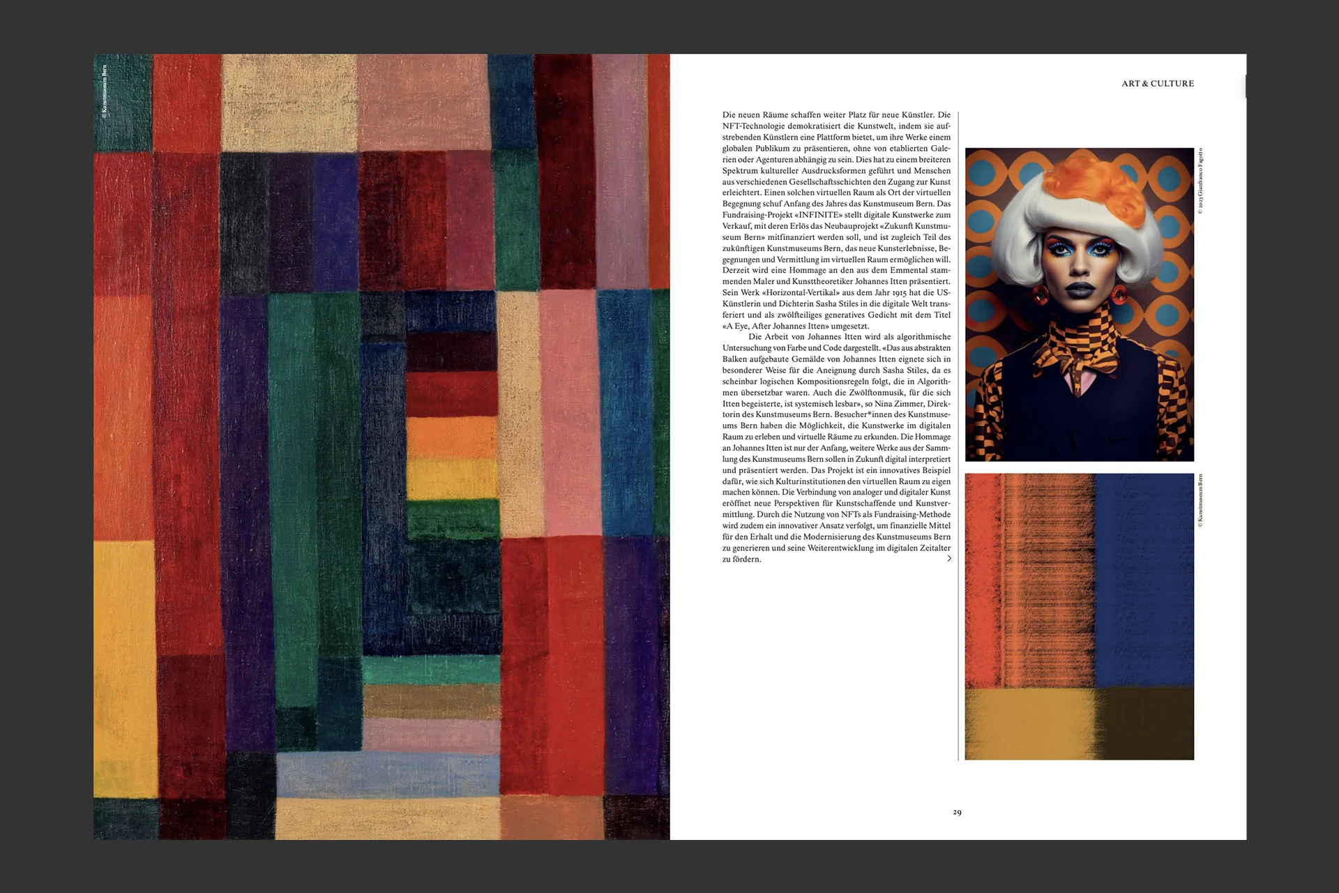 Magazine spread: abstract colour-block artwork on the left with an article page on the right featuring an inset portrait illustration